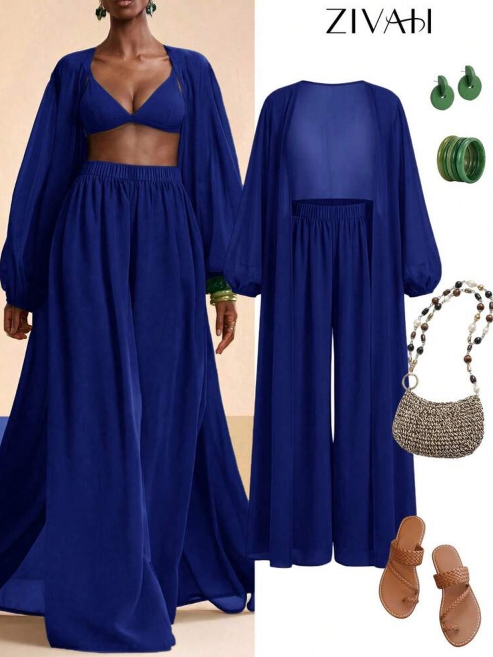 Royal Blue Wide-Leg Chiffon Pants With Matching Light Weight Long shirt Top